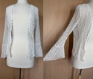 Dizzire Cotton Open Knit Flare Sleeve Cardigan Small White Cottagecore Boho Chic